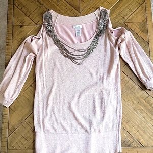 Caché Built in Necklace Metallic Pink Top Cold Shoulder